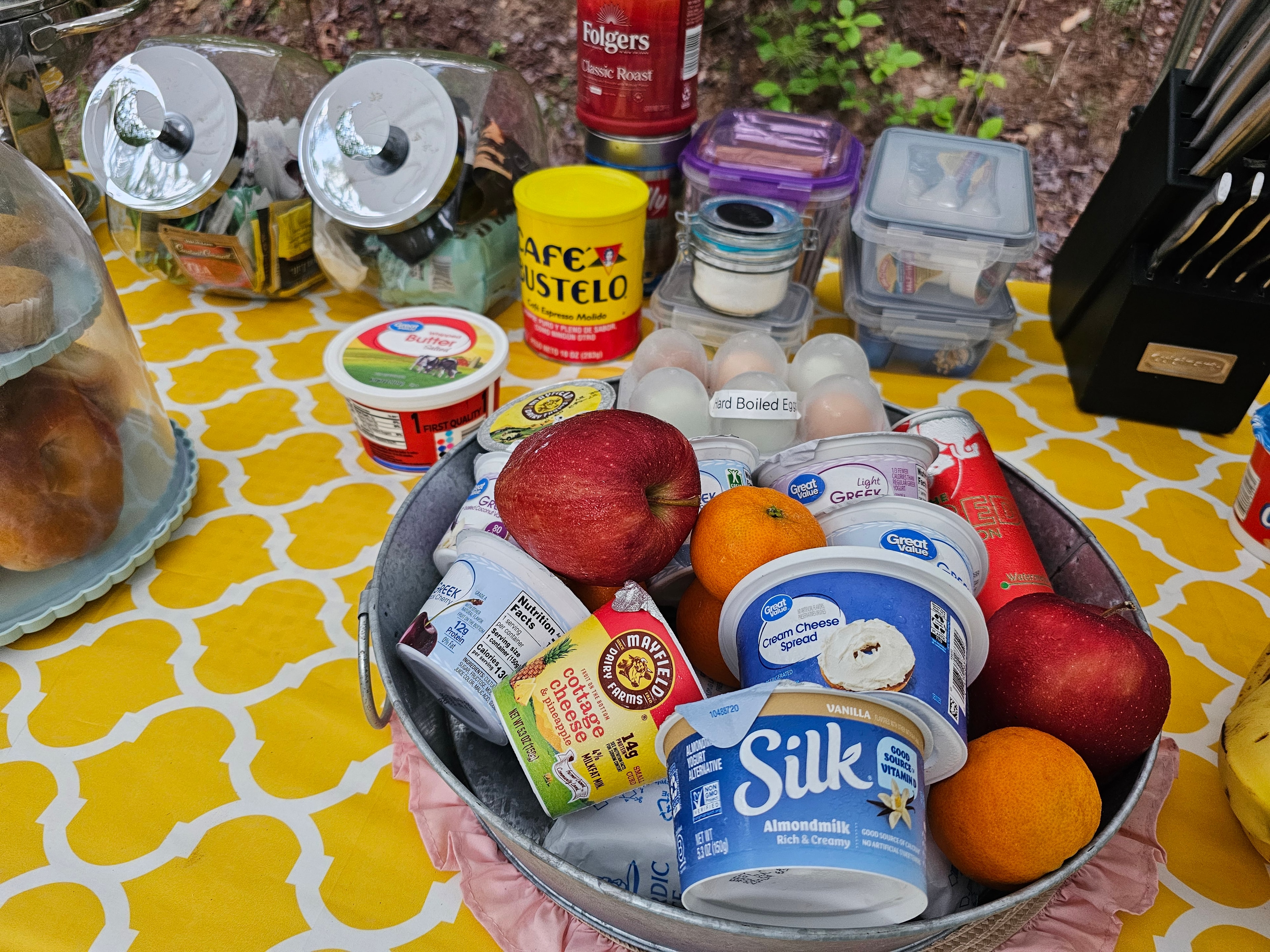 Grocery items on a patterned cloth