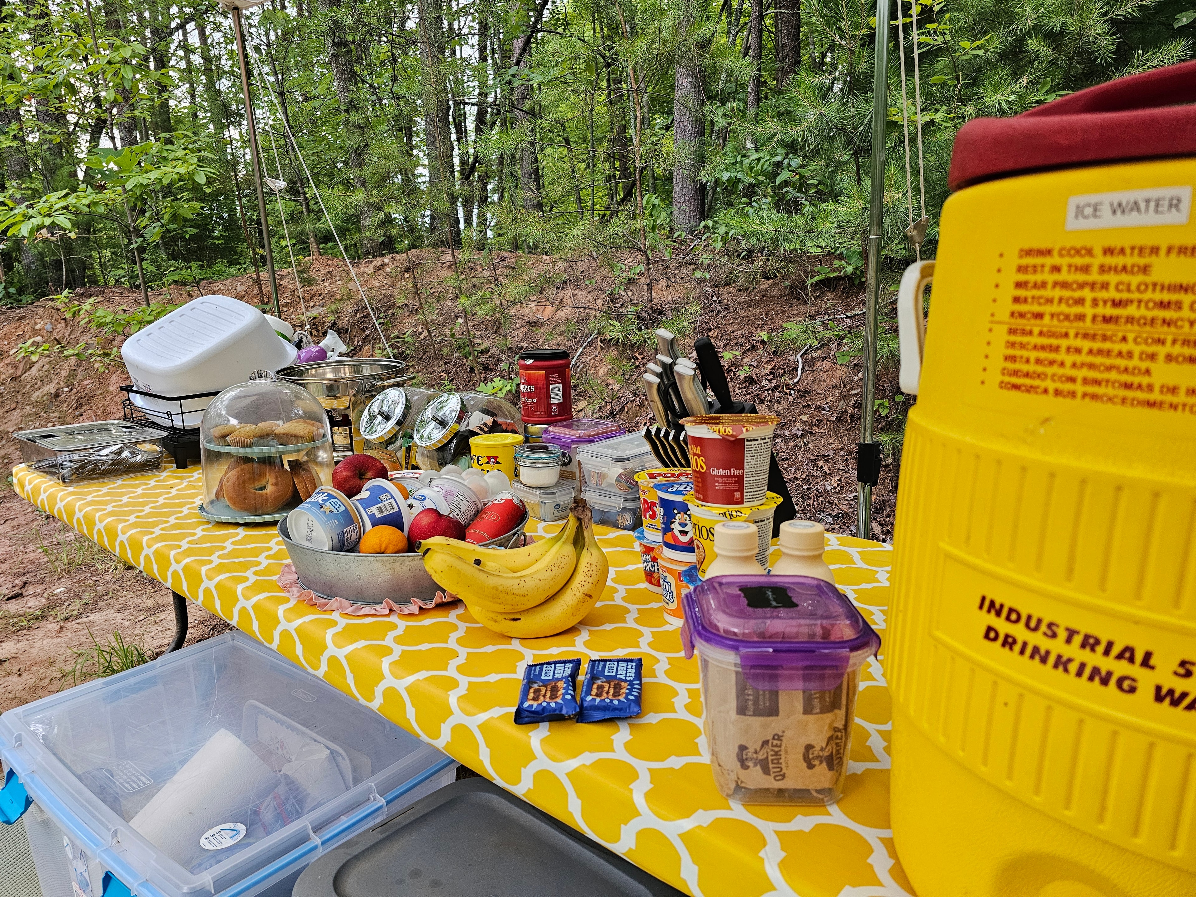 Camping picnic table with food supplies