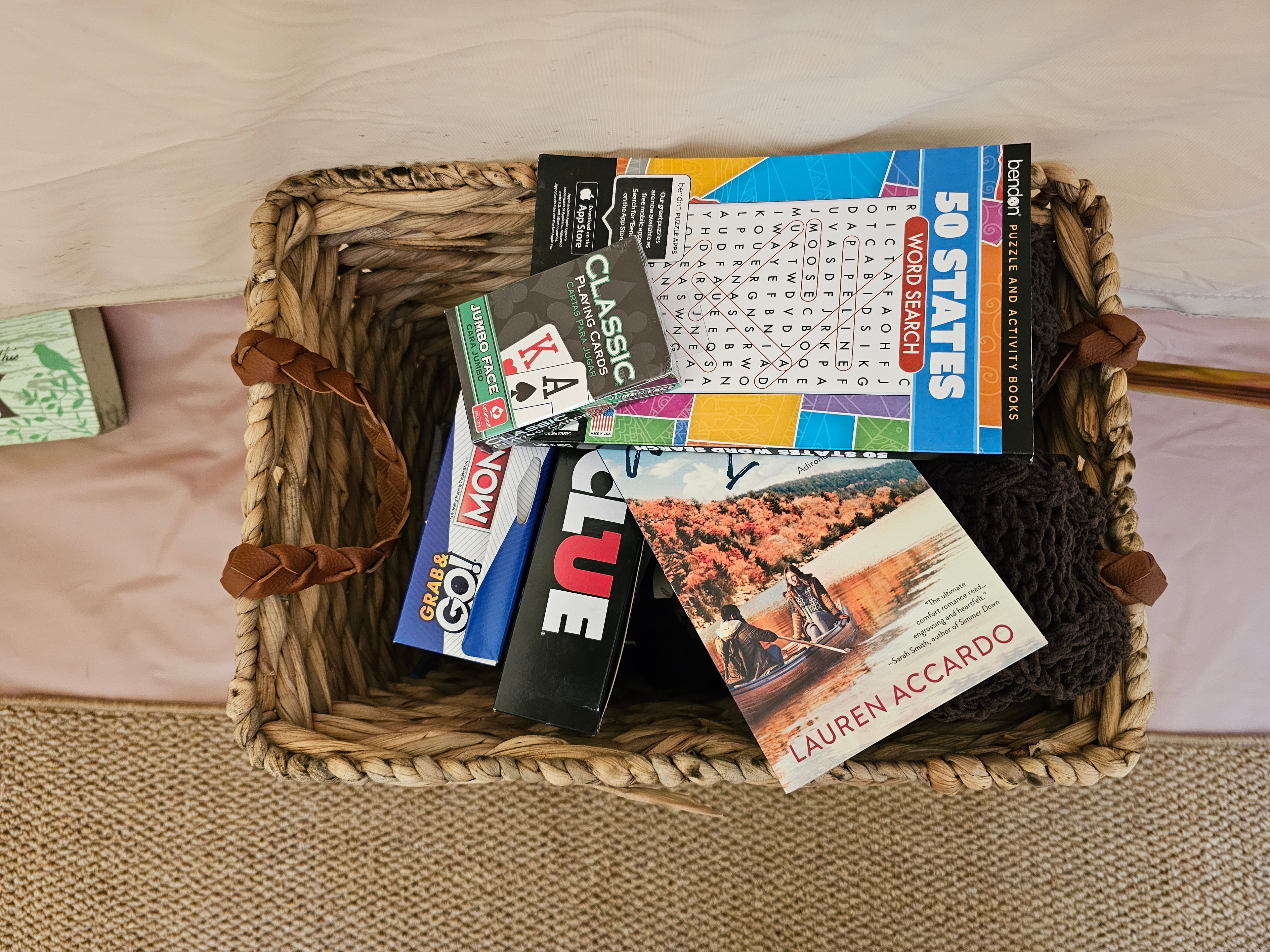 Games and books basket at Whisper Hollar