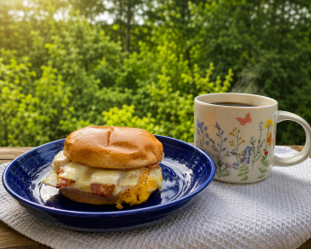 BLK147 breakfast sandwich on a blue plate